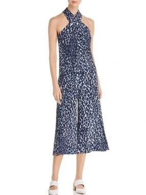 Le Gali Blue & Black Animal Print Criss Cross Halter Wide Leg Jumpsuit - Size S